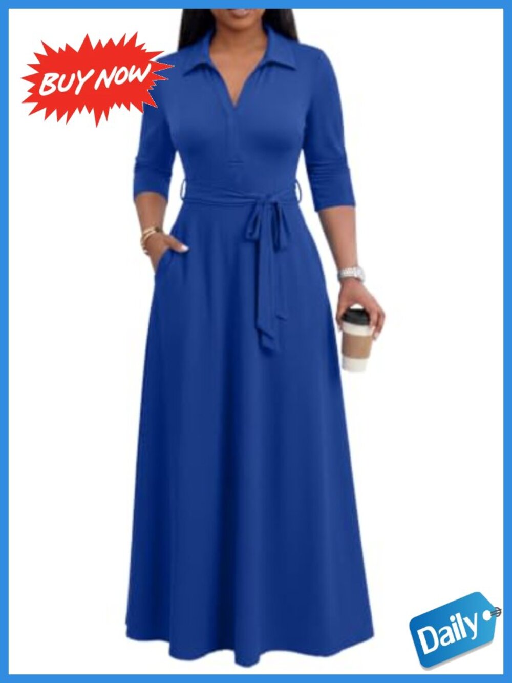 Women Maxi Dress V-Neck 3/4 Sleeve Semi Formal Church Dress with Pockets